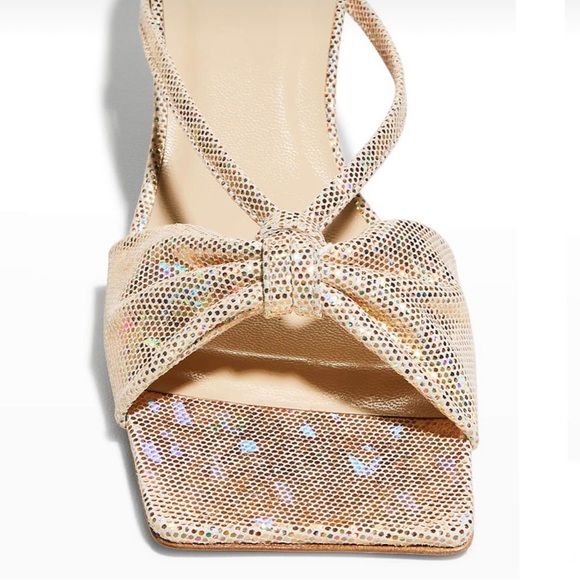 BY FAR Freya Shimmer Bow Kitten-Heel Sandals -Disco Ball